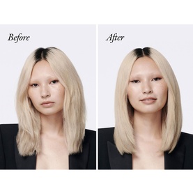 Before and after split image showing Oribe Gold Lust Dry Heat Protection Spray result on blonde hair, demonstrating improved smoothness and shine.