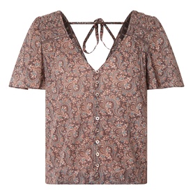 Paige Dark Brown Multi paisley silk blouse, short puff sleeves, button-front, open back with tie-neck detail