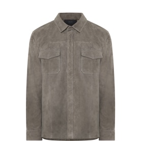 Paige Tundra suede casual jacket with point collar, twin chest pockets, and button-through front in taupe-grey leather