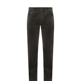 Paige Federal Slim Leg Corduroy Trousers in Dark Iron, slim fit mid-rise with five pockets, belt loops and zip fly