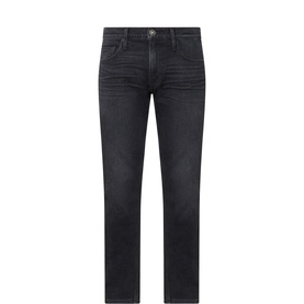 Paige Pasco straight jeans in washed black denim, five-pocket style with contrast stitching, flat lay view