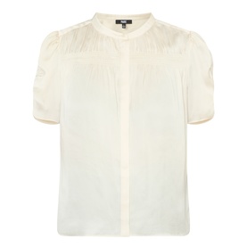 Paige Antique White short-sleeve top with pintuck yoke detail and button-front placket, semi-sheer polyester fabric