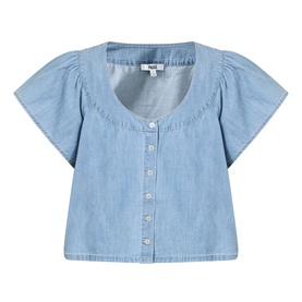 Paige top in Palos Verdes light blue denim, scoop neck, flutter sleeves, and button-front fastening