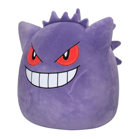 Pok&eacute;mon Gengar purple plush soft toy, round squishy body with spiky outline, red eyes and wide grinning mouth