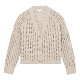 Reiss beige open-knit cardigan with V-neck, button front, and textured crochet-style pattern throughout.
