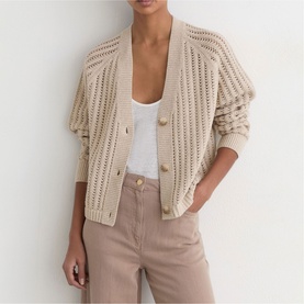 Model wearing Reiss beige open-knit cardigan with gold buttons, styled with white vest and taupe trousers