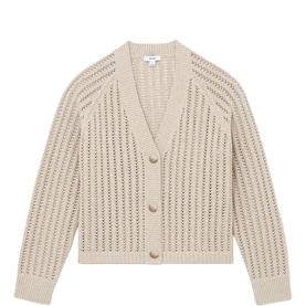 Reiss beige open-knit cardigan with V-neck, button front, and textured crochet-style pattern throughout.