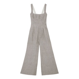 Reiss beige wide-leg jumpsuit with square neckline, thick shoulder straps, and tailored linen-look fabric