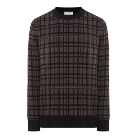 Tiger of Sweden crew neck jumper in Dusty Brown Melange, bold check jacquard pattern, ribbed cuffs and hem, merino wool blend