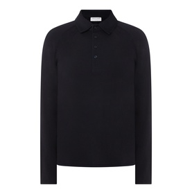 Tiger of Sweden Night Sky long-sleeve wool polo shirt with three-button placket and classic collar, flat lay