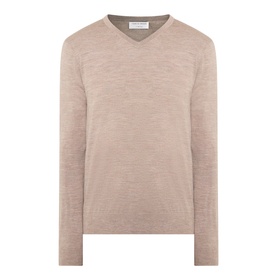 Tiger of Sweden beige melange 100% wool V-neck jumper, classic fit with ribbed cuffs and hem