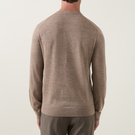 Model wearing Tiger of Sweden Beige Melange wool V-neck sweater, back view, styled with olive trousers.