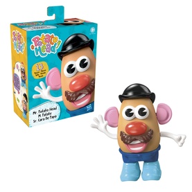 Toy Story Mr. Potato Head figure with black hat, blue shoes, and facial features, shown beside its illustrated box packaging.