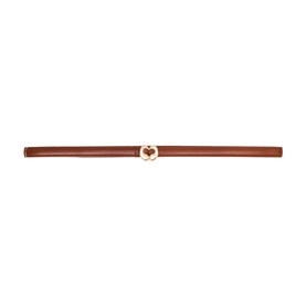 Maje slim tan leather belt with gold-tone heart buckle detail, laid flat on white background