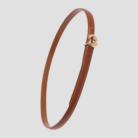 Maje slim tan leather belt with round gold-tone interlocking buckle, displayed flat in a circular shape.