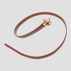 Maje thin tan leather belt with gold-tone square buckle, coiled flat against white background.