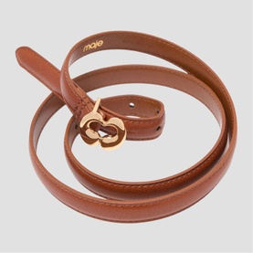 Maje tan leather belt coiled flat, featuring a double ring gold-tone buckle closure, slim width design