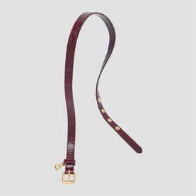 Maje burgundy croc-effect leather belt with gold-tone buckle and stud details, slim strap with charm accent