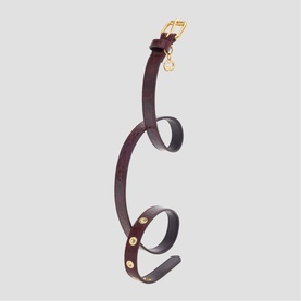Maje dark burgundy leather belt with gold-tone hardware and stud details, shown coiled against white background.