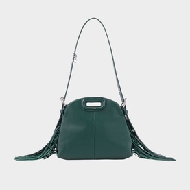 Maje bottle green leather shoulder bag with fringe detail, top handle, and silver-tone hardware
