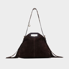 Maje dark brown suede structured bag with fringe detail, top handle, and adjustable silver-tone shoulder strap