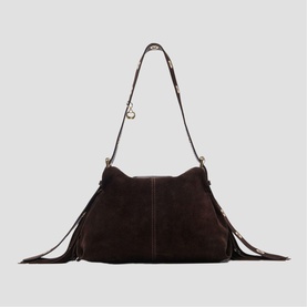 Maje dark brown suede shoulder bag with fringe sides, silver-tone hardware, and adjustable strap with charm detail