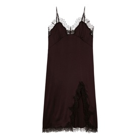Dark brown satin slip dress with black lace trim at neckline, hem and side split, spaghetti straps