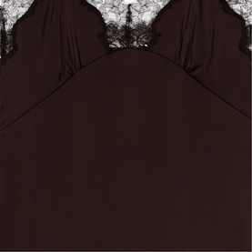 Dark brown slip-style camisole with black floral lace trim along neckline and adjustable spaghetti straps