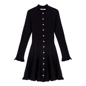 Maje Womens French Dress in red, long-sleeve knit mini dress with gold button front detail and frill hem