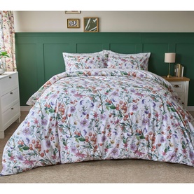 Belledorm Cleo Duvet Set Multi, white ground with pink, purple and green floral print, styled on a double bed with two pillowcases