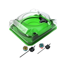 Beyblades spinning top battle set with green domed stadium, two tops and two launcher grips