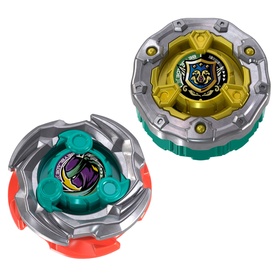 Beyblades spinning tops in multi-coloured silver and gold, featuring teal and purple disc designs, shown as a pair.