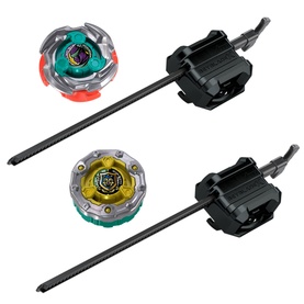 Beyblades set in multi-colour with two spinning tops featuring teal and gold designs, each with black launcher grip and ripcord