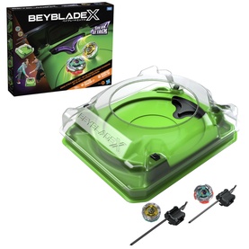 Beyblade X green arena stadium battle set with two spinning tops and launchers, shown with product packaging