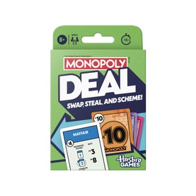 Monopoly Deal card game by Hasbro in multi-coloured packaging, showing swap, steal and scheme card game for ages 8+