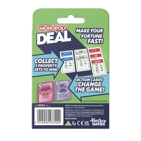 Monopoly Deal card game back of box, showing gameplay instructions, collect 3 property sets to win, action cards change the game