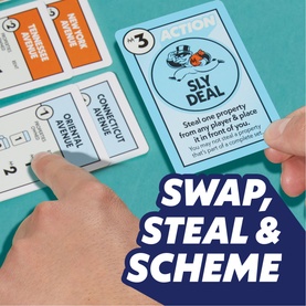 Monopoly Deal card game action cards fanned out on teal surface with Swap, Steal & Scheme text overlay