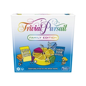 Trivial Pursuit Family Edition board game with multicoloured card categories for kids and adults, by Hasbro