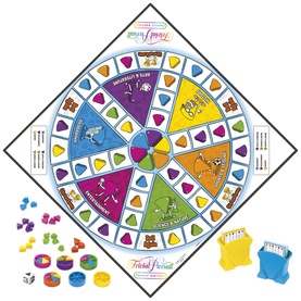 Trivial Pursuit board game with multicoloured circular board, category wedges, playing pieces, and card holder displayed flat