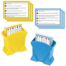 Board Games quiz card set in multi, featuring yellow and blue card holders with trivia question cards displayed