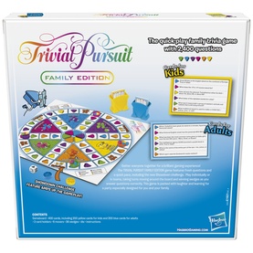 Trivial Pursuit Family Edition board game box back, showing multicoloured game board, question cards, and gameplay details
