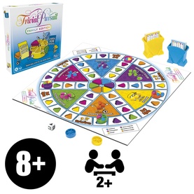 Trivial Pursuit Family Edition board game, multicoloured wheel board, game pieces, cards, and dice, suitable for ages 8 and up, 2 or more players