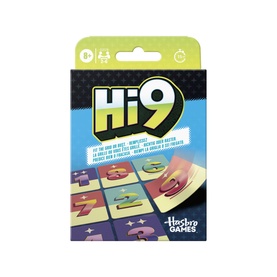 Hasbro Games Hi9 card game, multicoloured packaging featuring numbered tiles and game cards