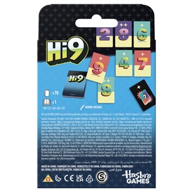 Hasbro Games Hi9 card game back of box, multi-coloured number cards design, for 70 cards, suitable for family play