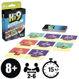 Hi9 card game displayed with spread number cards, deck box, and age 8+, 2&ndash;6 players, 15-minute icons visible
