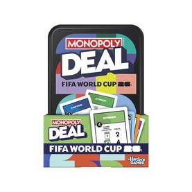 Monopoly Deal FIFA World Cup 26 card game in black tin, multi-coloured packaging with cards displayed at front