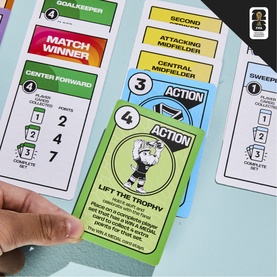 Board Games Multi card game spread showing Match Winner, Action, and Lift the Trophy cards with player positions and points