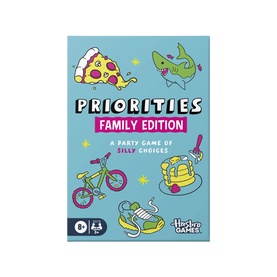 Priorities Family Edition party game by Hasbro Games, light blue box with illustrated silly choice icons including pizza, dinosaur and bike