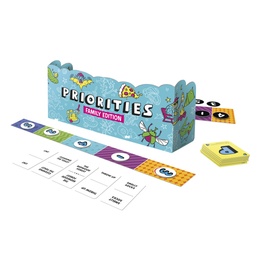 Priorities Family Edition board game with colourful box, card strips and yellow hexagonal tokens laid out on white background