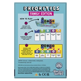 Priorities Family Edition board game by Hasbro Games, back of box showing how to play instructions and game contents